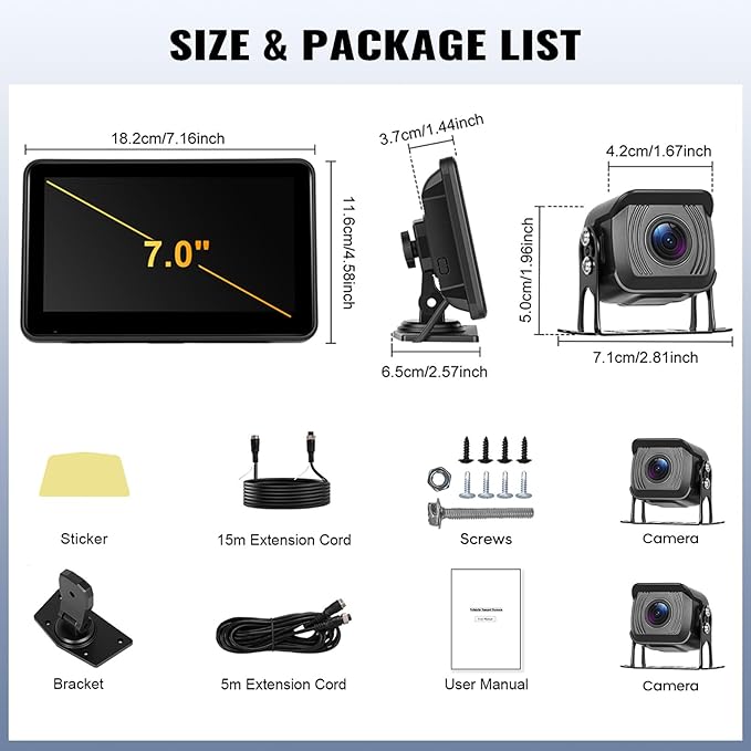 1080P Backup Camera System Kit,7 Inch Reversing Monitor with Record Function Night Vision DVR Monitor 2 Camera 2 Split Screen+Waterproof Reverse/Front View Camera for RV/Semi Box Truck