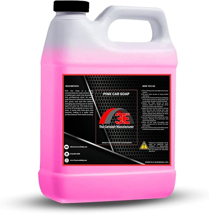 3E Pink Car Soap Highly Concentrated Foaming Car Wash Shampoo, Works with Foam Guns, Foam Cannons or Bucket Washes, Cherry Scented (64 oz)