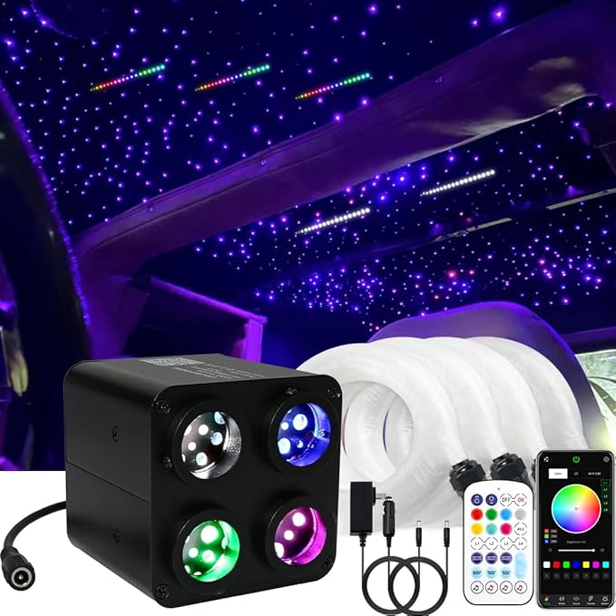 AMKI Updated 4Color Meteor Twinkle 36w Starlight Headliner Kits 1200pcs 0.03in 13.1ft, 240pcs RGB Meteor Shooting Star Cable, 2 in 1 Fiber Optic Light Box RGBW Sound Activated Mode for Car& Home Decor