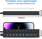 ONFINIO Powered USB Hub, 10-Port USB Splitter Hub (7 Faster Data Transfer Ports+ 3 Smart Charging Port) with Individual LED On/Off Switches and 12V/3A Power Adapter USB Extension for Mac, PC and More