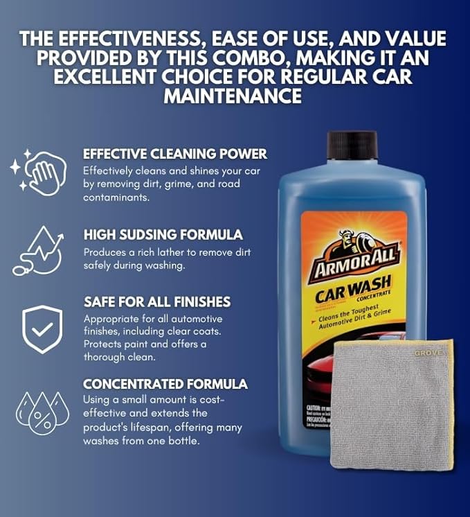 Concentrated Car Wash 24 oz Bundle with Microfiber Cloth - Powerful Car Wash Soap for Tough Dirt and Road Grime - Gentle on Wax Protection - Foaming Car Soap for a Spotless Shine - (2 Items)