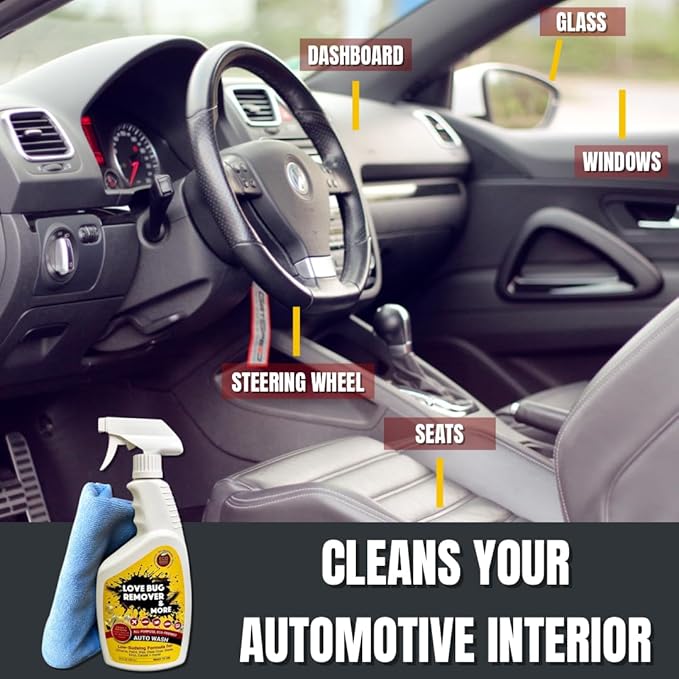 Love Bug Car Remover Spray and Auto Wash. Multi-Surface Remover and Wash Bird Poop, Tar, Sap, Bugs and More. Interior & Exterior Car Detailing Solution. 24 oz spray bottle w/ microfiber cloth. No Chemicals