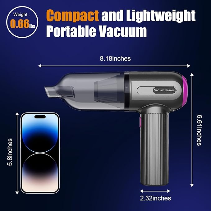 7000Pa Mini Car Vacuum: 4-in-1 handheld vacuum cordless & Compressed Air Duster & Inflator Pump, 3-Speed Portable High Power Cleaning Kit for Car Detailing, Computer Keyboard, Sewing Machine, Office