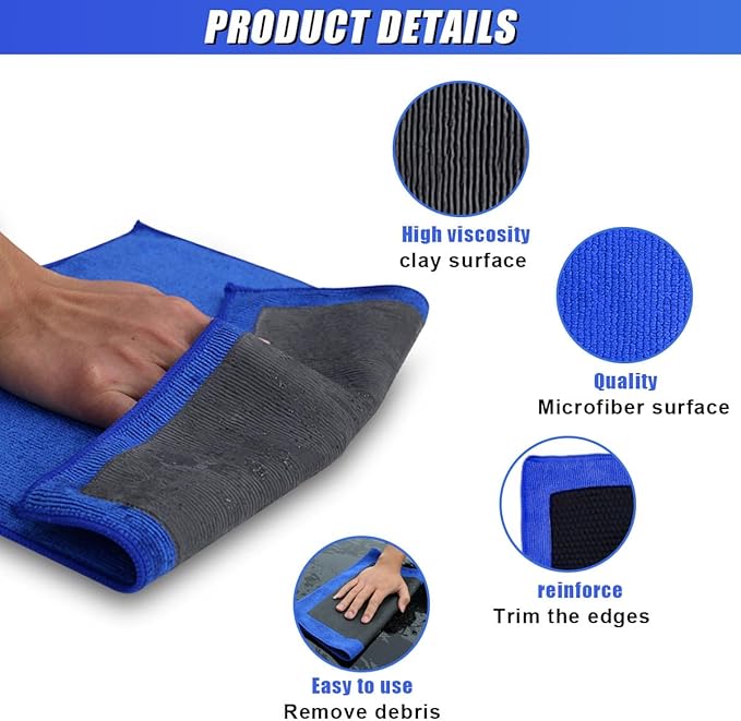 2PCS Clay Bar Towel for Auto Detailing, 12" x 12" Fine Grade Microfiber Car Chamois Towel, No-Scratch DIY Detail Clay Bar Alternative Cloth Mud Strip Cleaner Tool for Cars Detailing (2PCS)