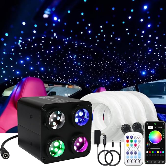 AMKI Updated 4Color Twinkle 36w Starlight Headliner Kits 800pcs 0.03in 13.1ft Fiber Optic Light Cable 4 Ports Starlight Box App/Remote Control Sound Mode for Car Home Ceiling Decoration