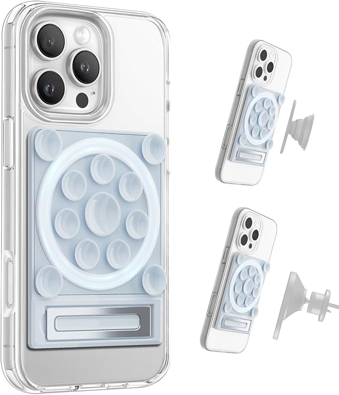 SEMBO Silicone Suction Phone Case Adhesive Sticky Grip Stand with Mag-Back for MagSafe Car/Wall Mounts, Strong Magnetic Holder for Fridge, Gym Equipment, Shower, Hands-Free Selfie (Blue, Magnetic)