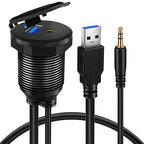 BATIGE Alloy USB 3.0 AUX DC3.5mm Port Car Mount Flush Cable for Car Boat Motorcycle Dash Panel with LED Indicator - 3ft