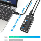 Powered USB Hub, RSHTECH 4 Port USB 3.0 Hub Splitter Portable Aluminum USB Data Hub Expander with Individual On/Off Switch and Universal 5V AC Adapter, 3.3ft USB 3.0 Cable (RSH-516)
