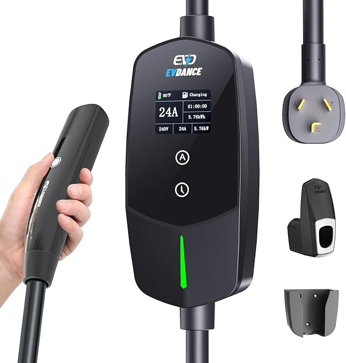 EVDANCE Level 2 EV Charger for Tesla, 24Amp 240V/25FT NEMA 10-30 Plug, 25FT Cable for Model S/3/X/Y, One-Touch Open Connector & Adjustable Current (10-24A) for Home/Garage Use, IP66 Waterproof