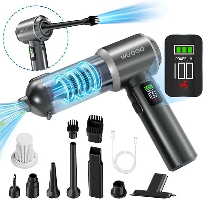 WUDOO 4-in-1 Car Vacuum Cleaner Portable Cordless Dust Remover 20,000 Pa Brushless Motor Powerful Handheld Wireless Charging Vacuum Cleaner LED Light, Multi-Nozzles for Car, Home, Office, Pet