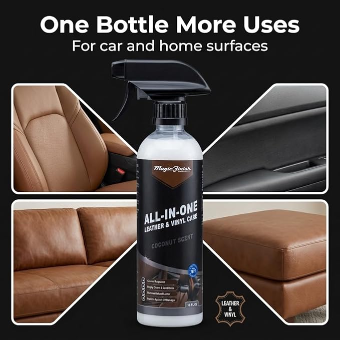 Magic Finish All-In-One Leather Conditioner & Vinyl Restorer (16 oz) – Non-Greasy Formula w/UV Shield – Nourishing Multi Surface Cleaner for Cars & Furniture – Leather Protector Spray (Coconut)