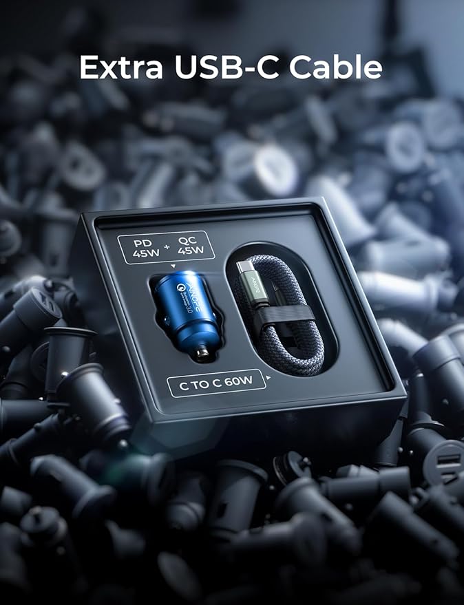 AINOPE 90W Super Fast Car Charger, Invisible USB C 45W Car Charger Fast Charging Type C, [Mini&Metal] Cigarette Lighter USB Adapter Fits Samsung Galaxy S25 Ultra S24 iPhone 16 15 Pro Max Piexl, Blue