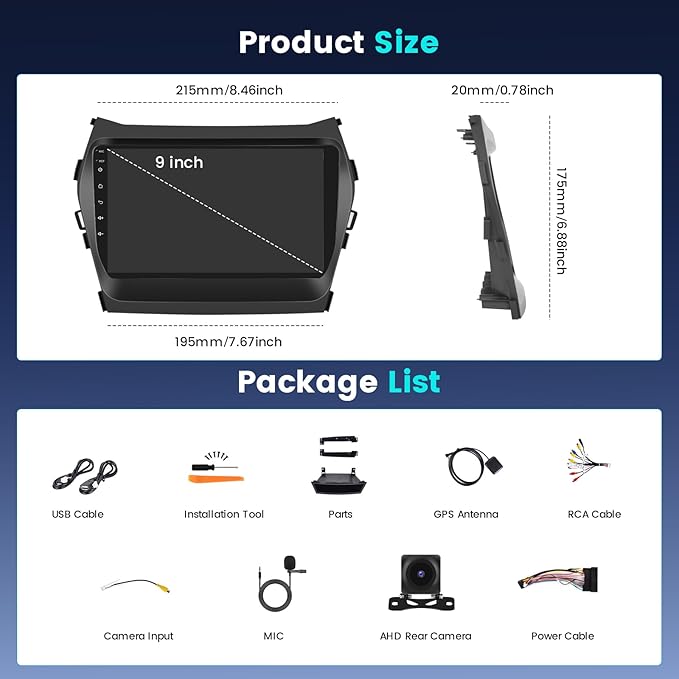 Fuluku【8 Core 4+64GB】 for 2013-2017 Hyundai Santa Fe Android 15 Car Stereo with Wireless Carplay Android Auto, 9'' Touch Screen Radio Dash Kit GPS/WiFi/32EQ DSP/Bluetooth 5.0/SWC/Mic, Backup Cam