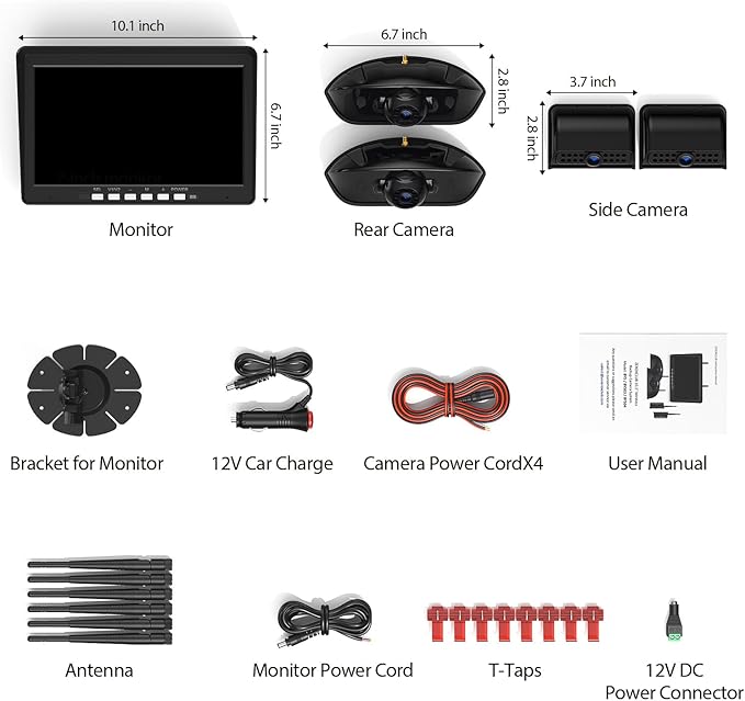 ZEROXCLUB 10.1" RV Backup Camera Wireless System Plug and Play, Pre-Wired for Furrion RV Trailer Camper, HD 1080P Quad Split Monitor with 2 Rear View & 2 Side View Cameras, IP69K Waterproof, BY504