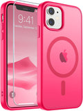 SUPFINE Magnetic for iPhone 11 Phone Case with Screen Protector (Compatible with MagSafe) (Military Grade Drop Protection) Slim Translucent Matte Shockproof Phone Cover,Hot Pink