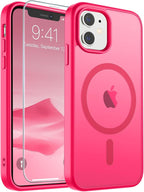 SUPFINE Magnetic for iPhone 11 Phone Case with Screen Protector (Compatible with MagSafe) (Military Grade Drop Protection) Slim Translucent Matte Shockproof Phone Cover,Hot Pink