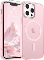 SUPFINE Magnetic for iPhone 12 Pro Max Case with Screen Protector (Compatible with MagSafe) (Military Grade Drop Protection) Translucent Matte Shockproof Phone Cover,Light Pink