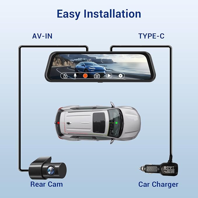 4K Rear View Mirror Camera, 10" Mirror Dash Cam Front and Rear with 64GB Card, Full Touch Screen Dash Cam with 1080P Backup Camera for Car with Reverse Assist,WiFi,APP,Night Vision,Parking Monitor