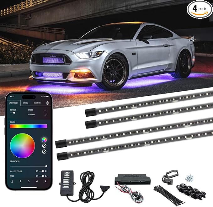 LEDGlow 4pc Bluetooth Million Color LED Underbody Underglow Accent Neon Lighting Kit for Cars - Smartphone App - Courtesy Lights - Create Any Color - 16 Modes - Water Resistant Tubes - Control Box