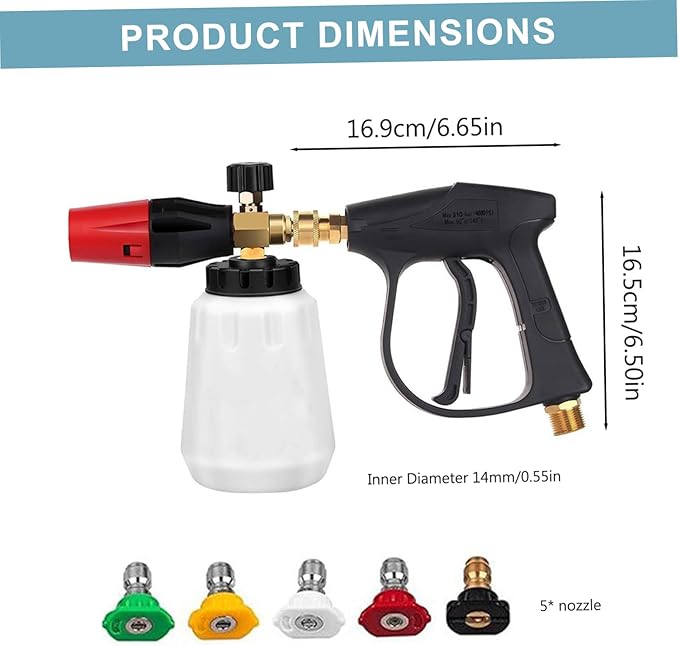 Foam Gun Car Wash Sprayer Set, Adjustable Angle Pressure Washer Gun with 1/4 Inch Quick Connector, Foam Cannon with 5 Pressure Washer Tips and Handle