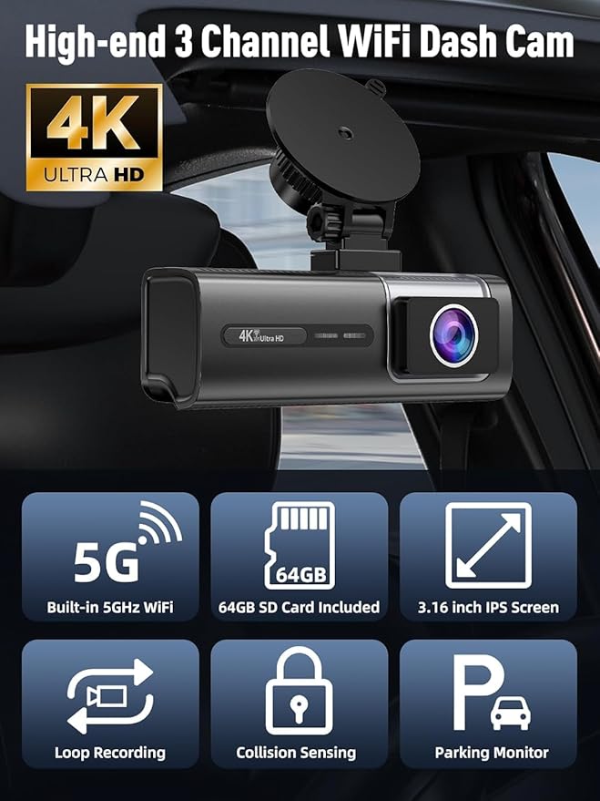 3 Channel 5G WiFi Dash Cam, 4K+1080P+1080P Dash Cam Front and Rear with 64GB Card, Dash Camera for Car with HDR IR Night Vision, G-Sensor, 24/7 Parking Mode, WDR, Support 128GB Max - Silver