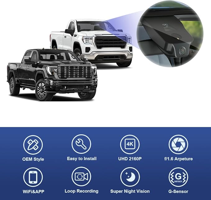 Fitcamx 4K Dash Cam Suitable for GMC Sierra 1500 2500HD 3500HD (HD2-9135, 5 Vents in Front) 2020-2026, Integrated OEM Look, UHD 2160P Video, WiFi & APP, Loop Recording G-Sensor, Easy to Set, 64GB Card
