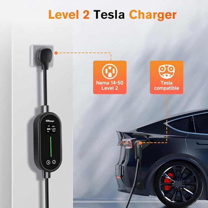 Junsun Portable Electric Car EV Charger Level 1/2 for Tesla 21ft Cable NEMA 14-50P 5-15P NACS Connector Compatible with Tesla Models X/Y/3/S