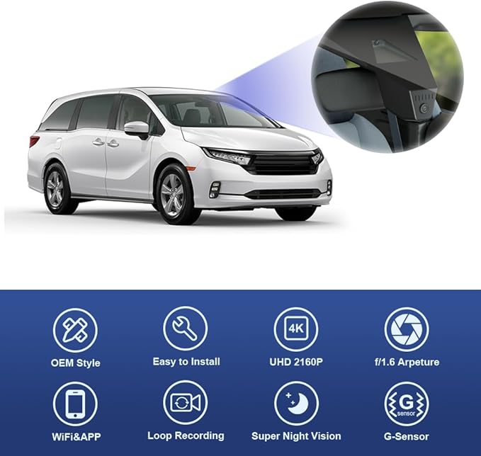 Fitcamx 4K Dash Cam Suitable for Honda Odyssey 2021-2026 EX LX Touring Elite Sport EX-L (Gen6), OEM Factory Look, UHD 2160P Video, WiFi & APP, Loop Recording, G-Sensor, Plug & Play, 64GB Card