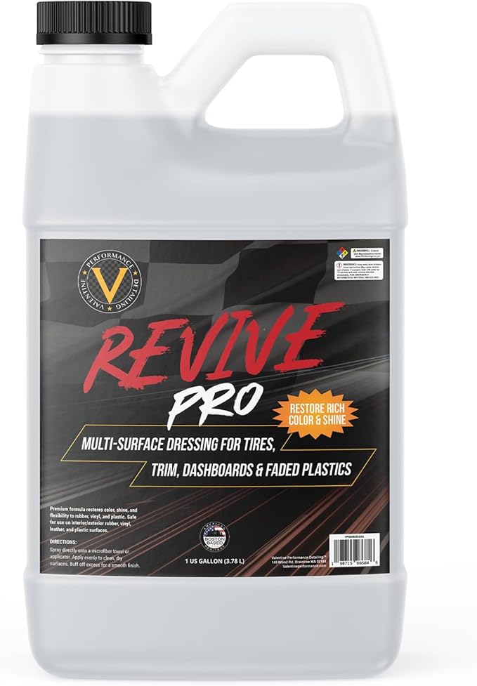 VPD Multi-Surface Tire Dressing & Plastic Restorer 1 Gallon Revive Pro – Tire Shine for Rubber, Vinyl, Trim & Dash, Satin Finish, No Greasy Residue, UV Protection for Faded Exterior & Interior Panels