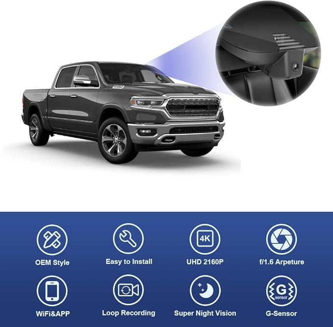 Fitcamx 4K Dash Cam Suitable for RAM 1500 (Model B) 2019-2024 Rebel Big Horn Laramie Tradesman TRX Classic, OEM Look, 2160P UHD Video, WiFi & APP, Loop Recording G-Sensor, Easy to Use, 64GB Card