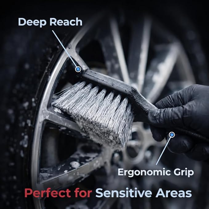 9PCS Pro Wheel & Tire Cleaning Kit - Flat Replaceable-Head Brush, Pocket Dual-Material Pads, Dual-Bristle Brushes, Boar Hair Detail Brush & Towel | Scratch-Free for All Vehicles