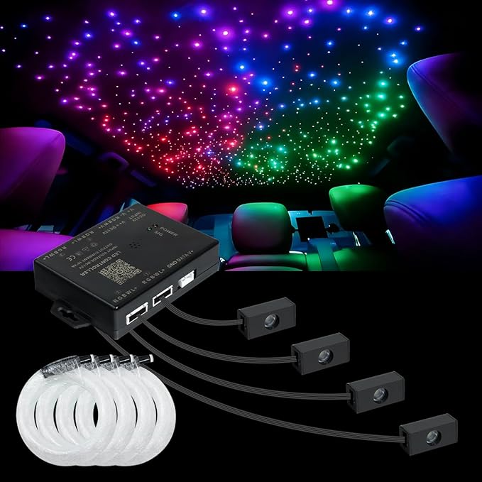 AZIMOM Split Starlight Headliner Kit 1800pcs 0.02in 6.5ft, 2026 Updated 4Color Fiber Optic Light Sound-Activated APP& Remote Control Starlight Engine End Glow Fiber Strands