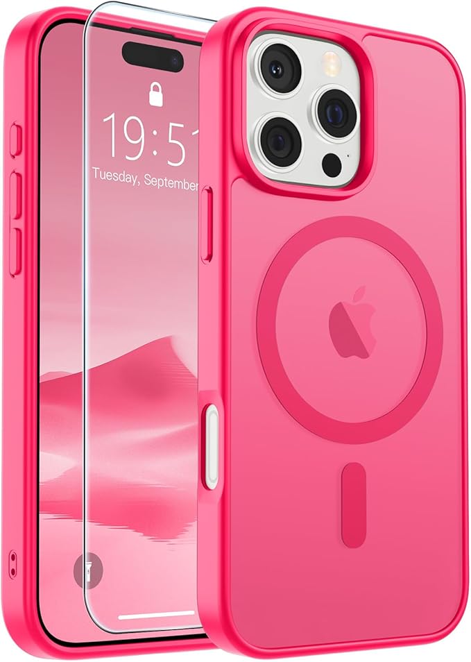 SUPFINE Magnetic for iPhone 16 Pro Max Case (Compatible with MagSafe) (Military Grade Drop Protection) Slim Translucent Matte Shockproof with Anti-Fingerprint Phone Case, Hot Pink