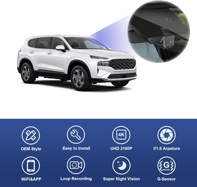 Fitcamx 4K Dash Cam Suitable for Hyundai Santa Fe 2021-2023 (Part No#S1500 S2500) with Auto-Dimming, OEM Look, UHD 2160P Video, Built-in WiFi & APP, Loop Recording, G-Sensor, Plug& Play, 64GB Card