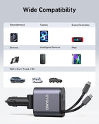 Car Phone Charger Retractable Car Charger 4 in 1 Fast Charger 30W Double USB Type C Retractable Cables 31.5 Inch and 2 USB Ports Car Charger Adapter for iPhone 17/16/15/14/13/12,Samsung,Pixel,iPad
