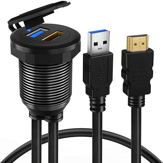 BATIGE USB 3.0 HDMI Car Mount Flush USB Port Cable, Alloy Shell HDMI USB3.0 Dash Panel Extension Cable with LED Indicator for Car Boat Motorcycle -3ft