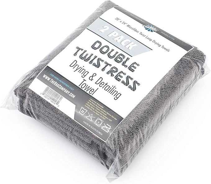 The Rag Company - Double Twistress (2-Pack) Professional Korean 70/30 Blend, Twist Loop Microfiber Drying Towels Car Detailing, Lint-Free, Streak-Free, Multipurpose Use, 850gsm, 20in x 24in, Grey