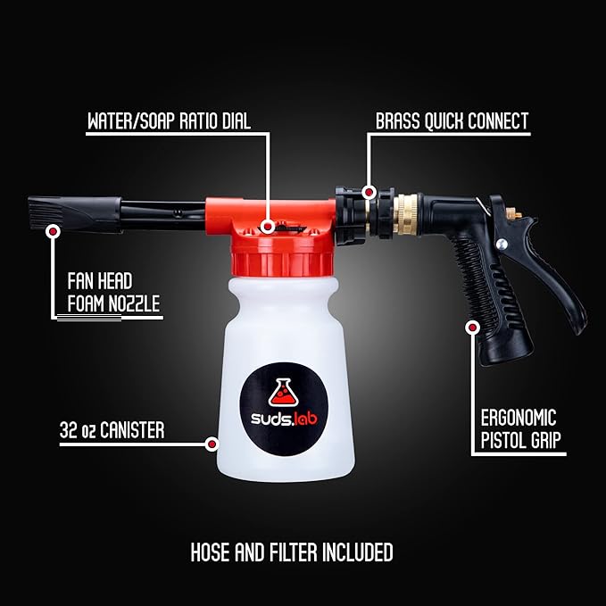 Suds Lab F3 Car Cleaning Foam Gun, Adjustable Foam Nozzle, Connect to Any Garden Hose, Clean Dirt and Dust, Home Car Washing