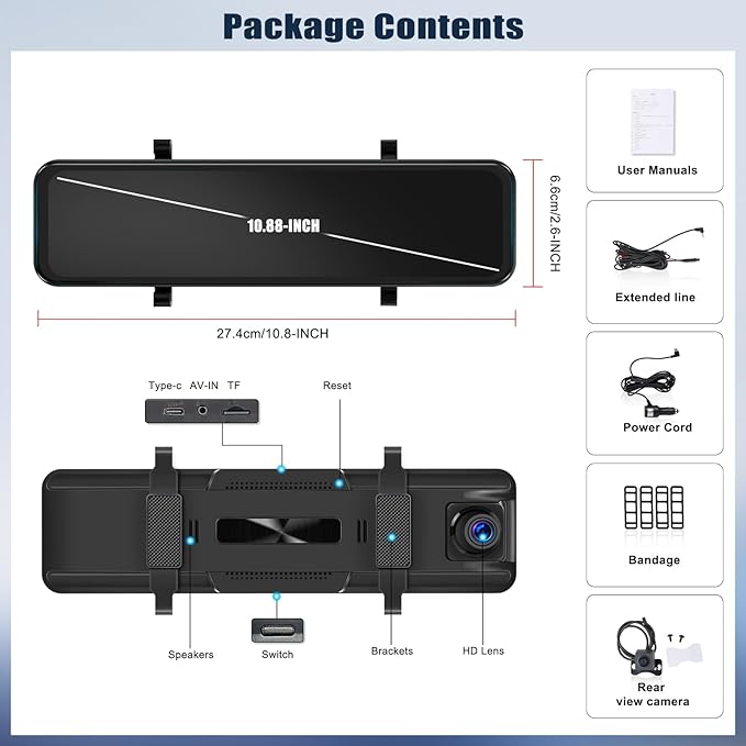 10.88 Inch Mirror Dash Cam,4K Touchscreen Rear View Mirror Front and Rear View Dual Cameras,Night Vision,G-Sensor,APP Control,Motion Detection,Loop Recording,Parking Assistance,Parking Monitor