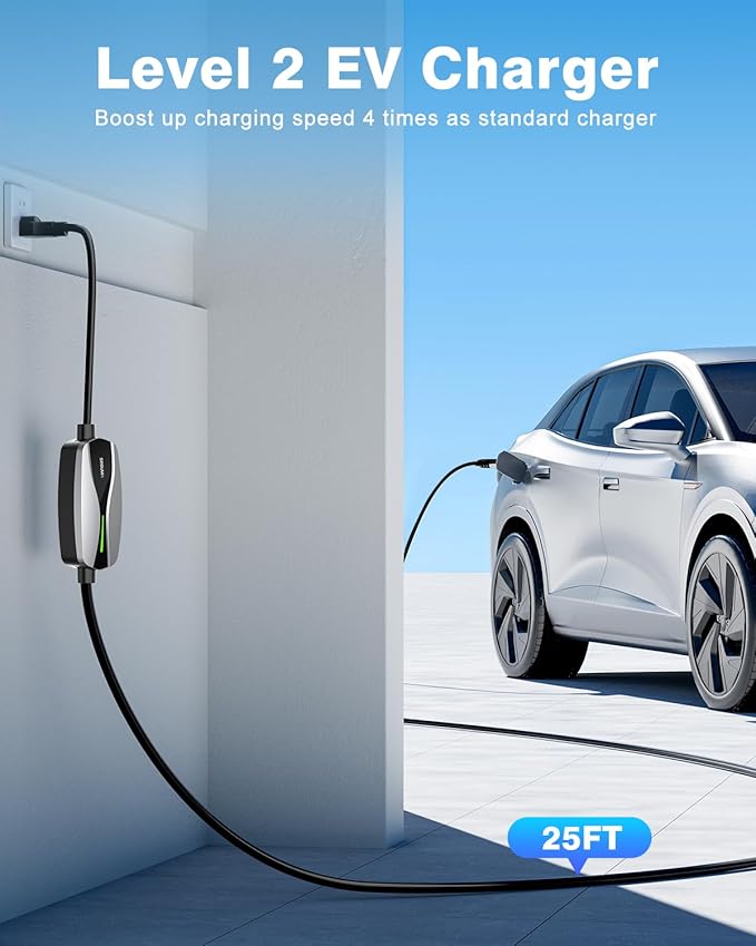 SEGUMA Level 1/2 EV Charger, 16Amp Electric Car Charger 25FT Cable with NEMA 6-20 Plug and NEMA 5-15 Adapter, Home Mobile EV Charging Station for J1772 BEVs/PHEVs 110V-240V(Silver)