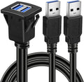 BATIGE Dual Ports Square USB 3.0 Panel Flush Mount Extension Cable with Buckle for Car Truck Boat Motorcycle Dashboard-3ft