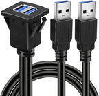 BATIGE Dual Ports Square USB 3.0 Panel Flush Mount Extension Cable with Buckle for Car Truck Boat Motorcycle Dashboard 6ft