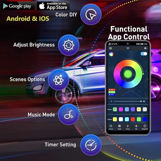 Yielinth Underglow Kit, RGB-IC Under Car Lights With Dream Color Dancing Chasing, 213 Scene Modes, App and Remote Control, 5 Music Modes LED Lights for All Cars