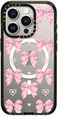 CASETiFY Impact Case for iPhone 15 Pro [8.2ft 4X Military Grade Drop Protection/Compatible with Magsafe] - Pink Bows - Clear Black