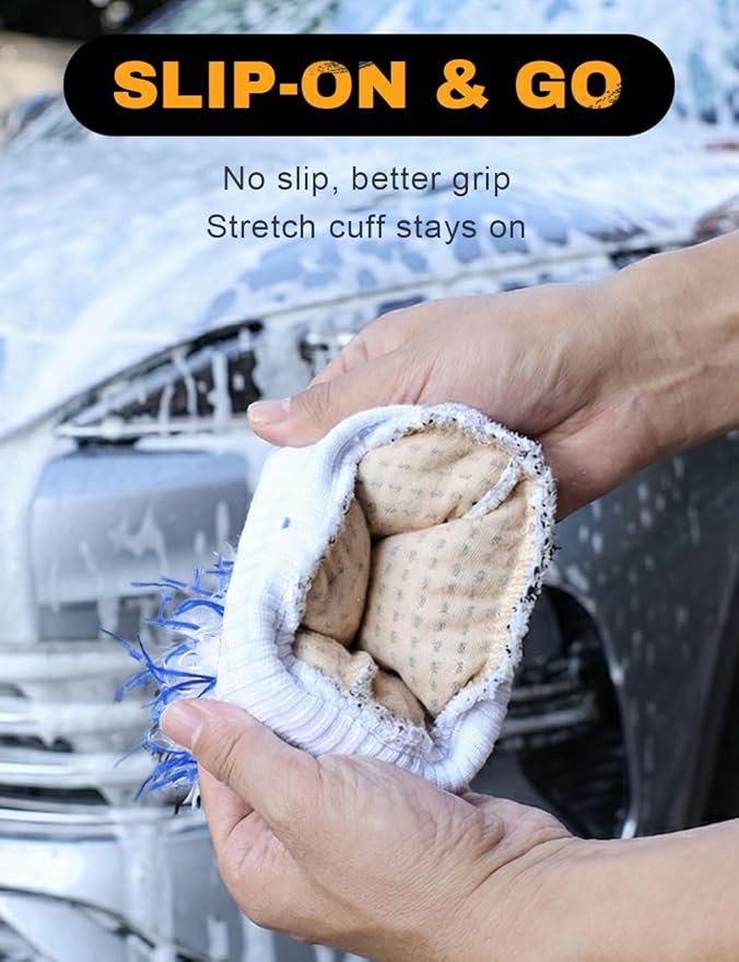 Microfiber Car Wash Mitts, 2Pack Premium Scratch-Free Car Wash Gloves with Thick Elastic Cuff for Auto Detailing, Cars, Trucks, SUVs, Boats (Blue & Black)