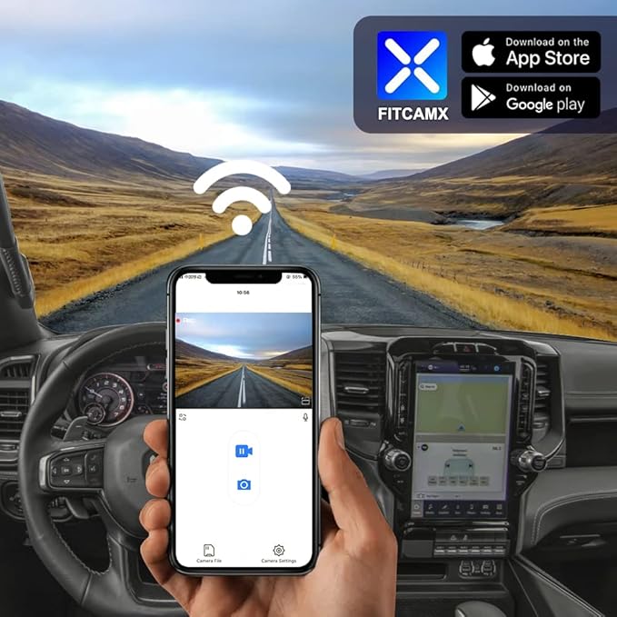 Fitcamx 2K Dual Dash Cam Suitable for RAM 1500 (Model B) 2019 2020 2021 2022 2023 2024 Rebel Big Horn Laramie, OEM Look, Front 1440P Rear 1080P Video, Loop Recording, WiFi&APP, G-Sensor, 64GB Card