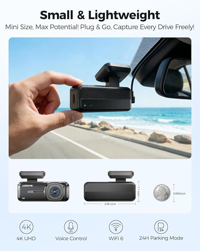 AZDOME 4K Dash Cam Front, Voice Control Dash Camera for Cars, WiFi 6 Mini Dashcam with APP Live Chat Support, Car Camera, Loop Recording, G-Sensor, 24H Parking Mode, Support 256GB Max Easy to Install
