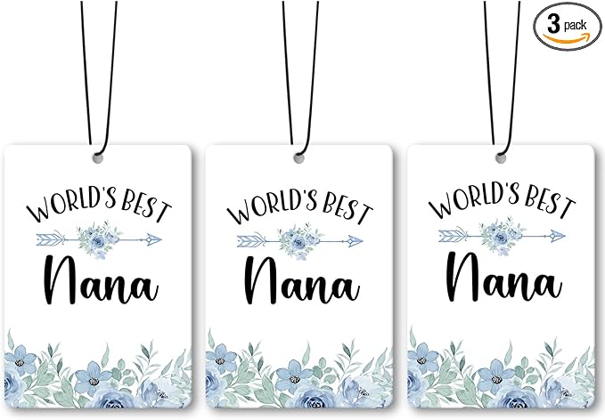 Nana Grandma Gifts Car Air Freshener Accessories 3pcs, World's Best Gifts for Granmda Christmas, Blue Flower Rustic Hanging Scent Lavender Fragrance Card for Women Closet Bathroom Home Decor