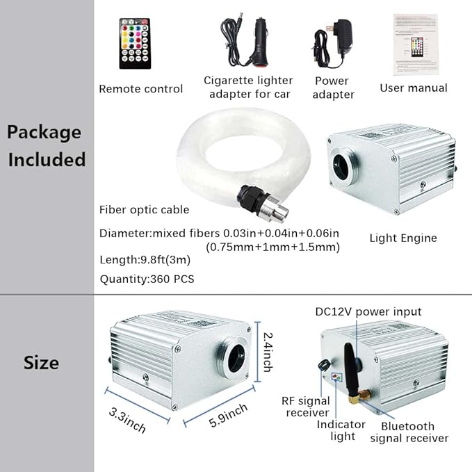 FIREWORK Starlight Headliner Kit, Fiber Optic Lights 10W RGBW Twinkle+Music Effect+APP+Remote, Mixed Diameter Fibers 360pcs of 9.8ft/3m (0.03+0.04+0.06in) for Star Lights for Car/EV & Home Ceiling