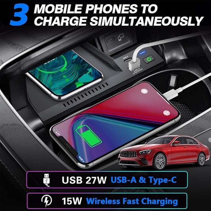 Wireless Car Charger for Mercedes-Benz E-Class Coupe AMG 2016-2023, 15W Fast Charging Phone Charger Pad for Mercedes Benz E350 E450 AMG E53 E63 S Coupe Wagon Convertible Accessories